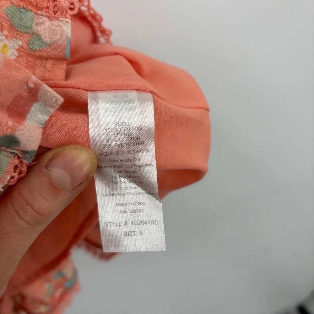 btween Girls Peach Floral Swiss Dot Ruffle Button Front‎ Tiered Dress Size 5